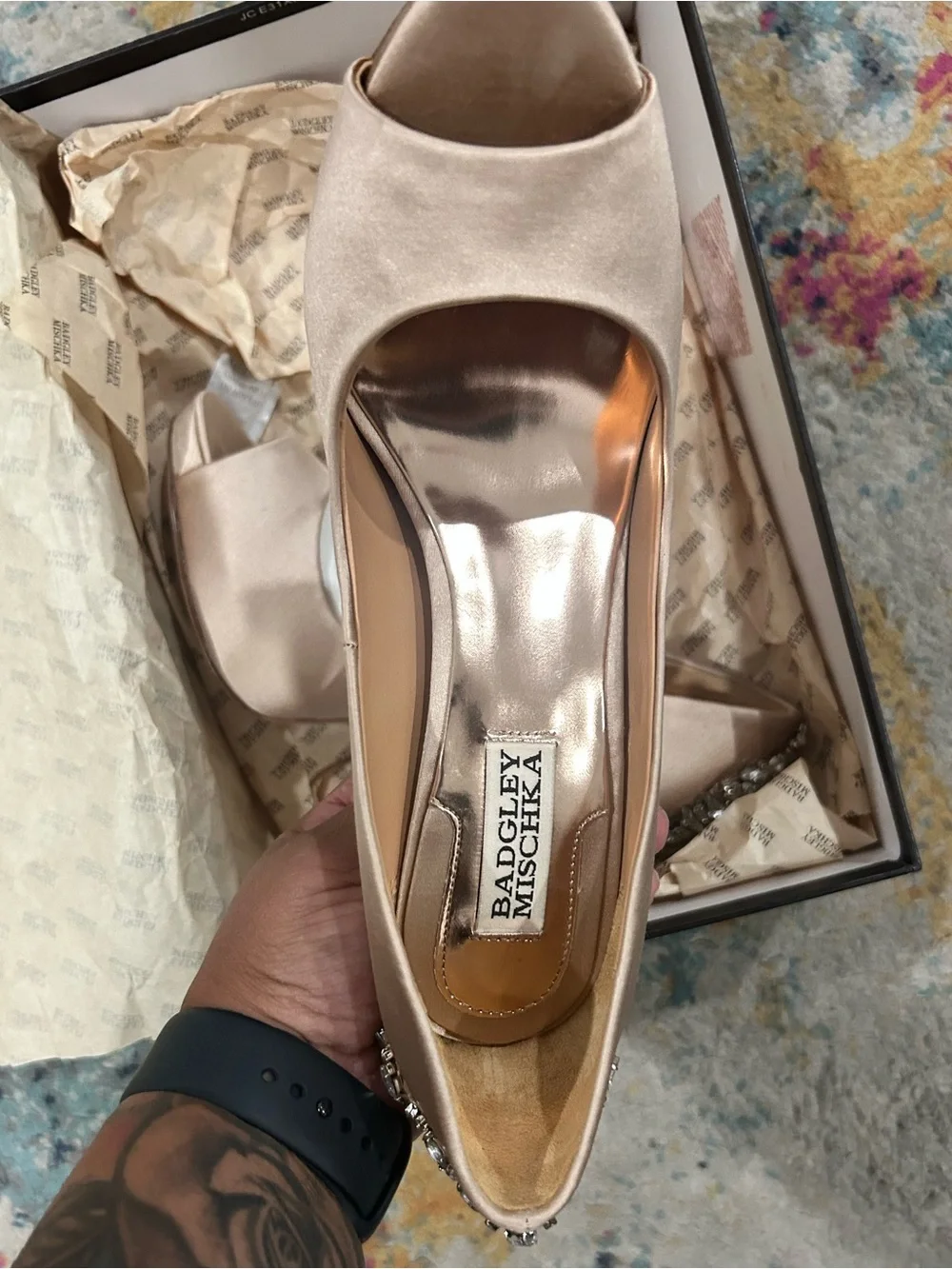 Badgley Mischka Satin Open-Toe Heels with Jewel Heel
